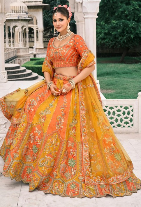 Pumpkin Orange & Yellow Fancy Silk Lehenga Choli With Cut Work Embroidery Border & Stone Work